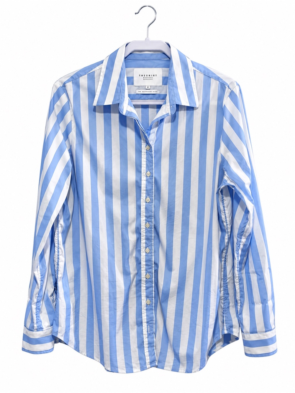 The Shirt Rochelle Behrens Boyfriend Shirt Blue White Stripe Button Down M